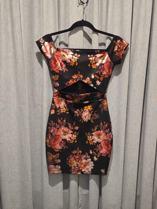 privy Dresses & Skirts - Privy Black Mini Dress with Pink & Orange Floral Foil Like Print Cutout